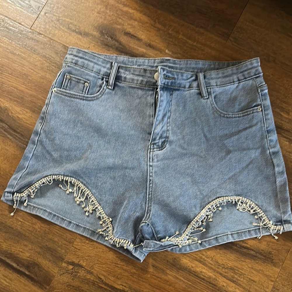 Light Blue High-Waisted Jean Shorts with Frayed Hem